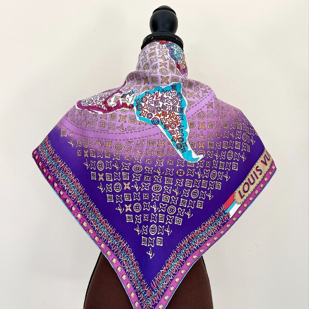Display # 1 Louis Vuitton Monogram Map Square Purple Silk Scarf - Picture 8 of 16